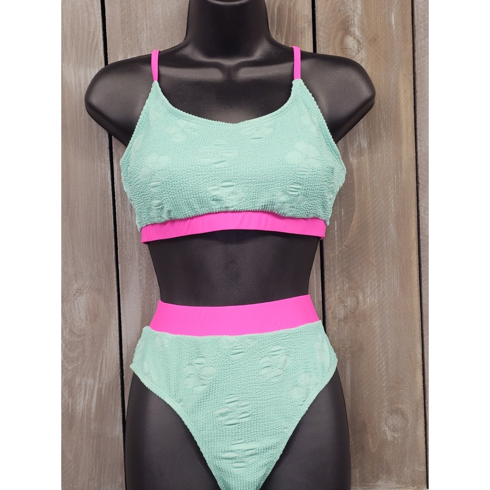 NWT Cupshe Green & Pink Scoop Midkini Top & Banded Bottoms Bikini Set Size M - Picture 3 of 15